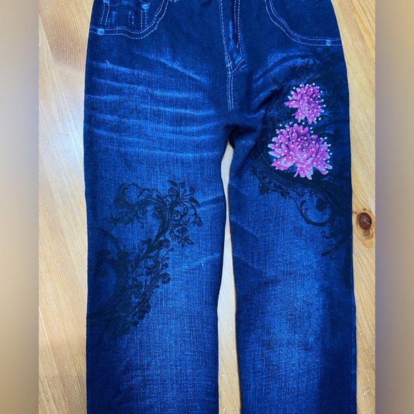 Dark Blue Leggings with Pink Floral Jean Design - Picture 2 of 4